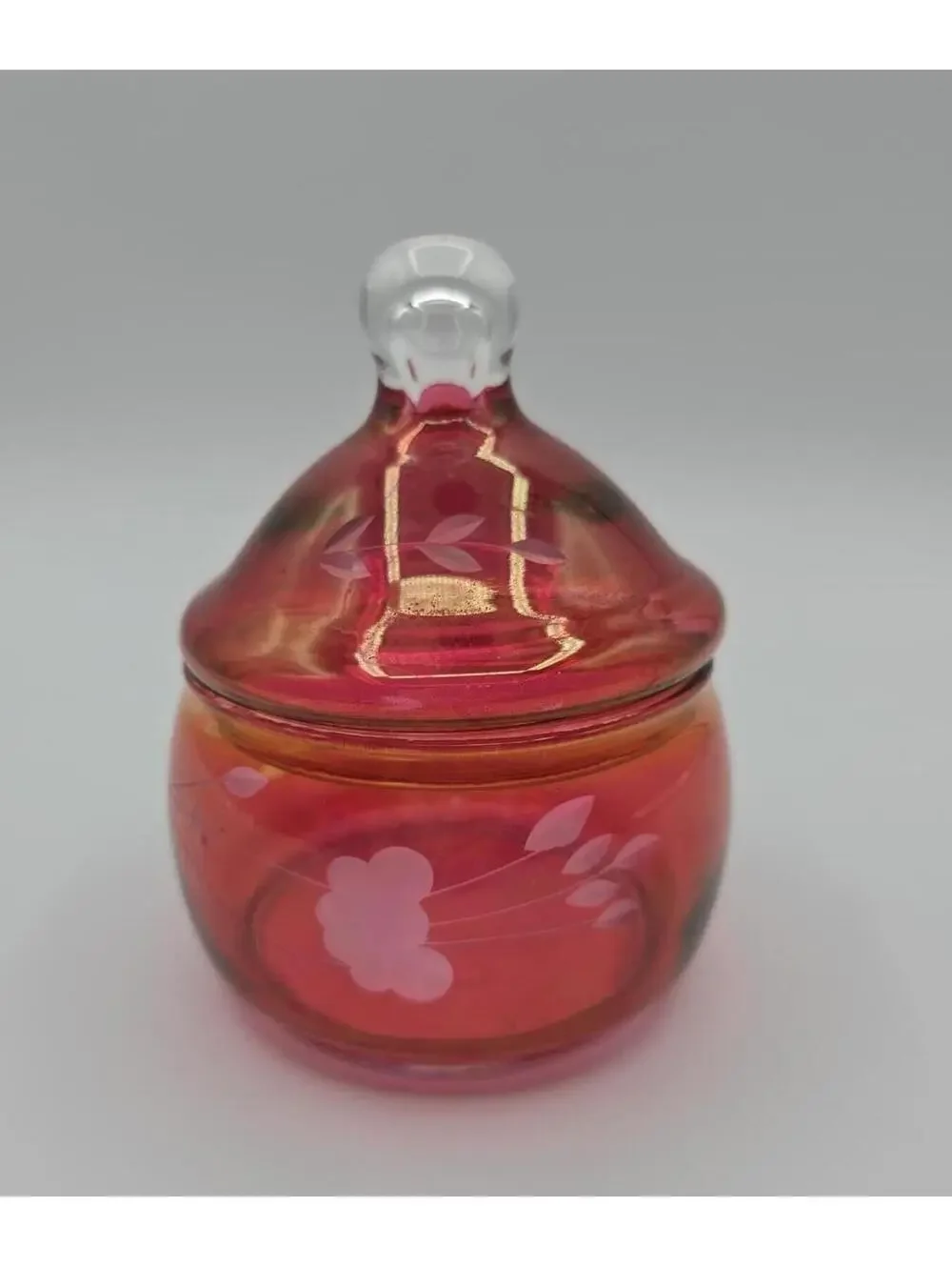 Vintage Cranberry Pink Art Glass Covered Trinket Jar Etched Floral Candy Dish